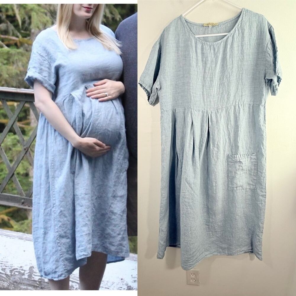 Lin Nature 100% Linen Light Blue Short Sleeve Lightweight Dress 42 Medium Large